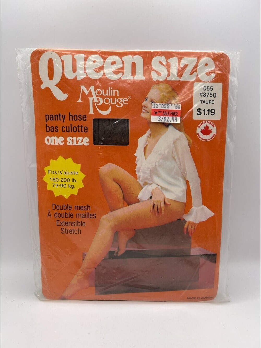 Vintage Moulin Rouge Queen Size Pantyhose Womens Taupe Double Mesh Nip 1970s